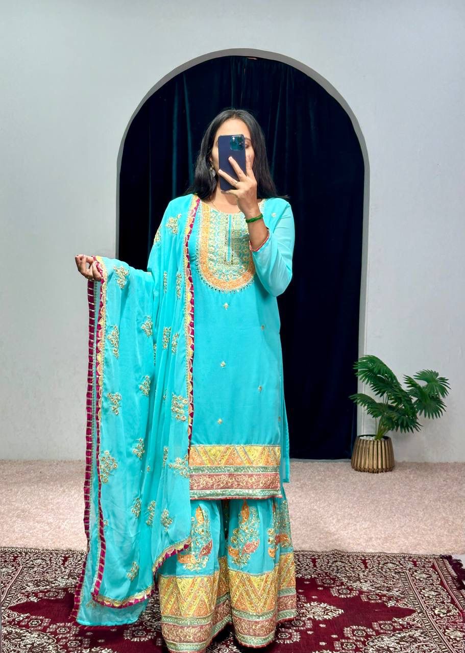 Mirror With Embroidery Work Sky Blue Color Sharara Suit
