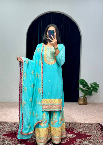 Mirror With Embroidery Work Sky Blue Color Sharara Suit