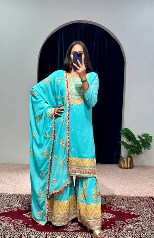 Mirror With Embroidery Work Sky Blue Color Sharara Suit