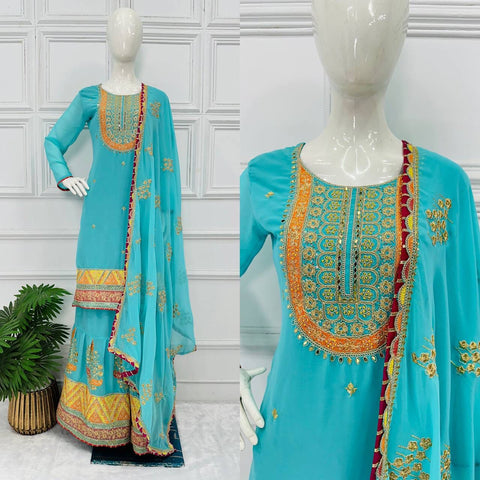 Mirror With Embroidery Work Sky Blue Color Sharara Suit