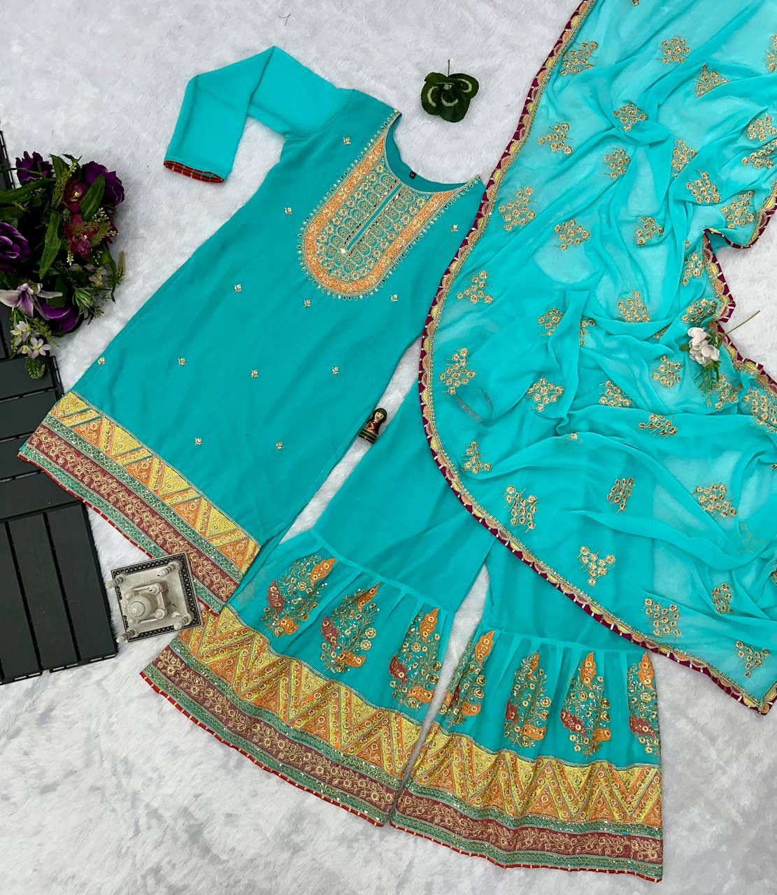 Mirror With Embroidery Work Sky Blue Color Sharara Suit