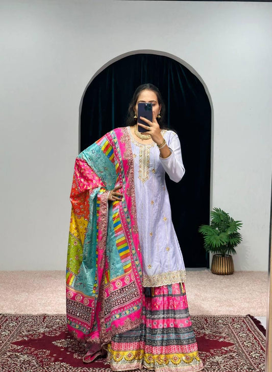 Lavender Color Suit With Multi Work Sharara and Dupatta