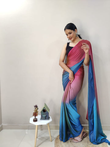 Stylish Pink With Blue Shade Ready To Wear Saree