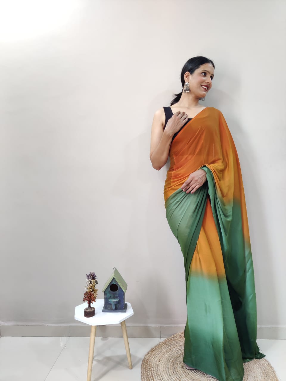 Stylish Mustard With Green Shade Ready To Wear Saree