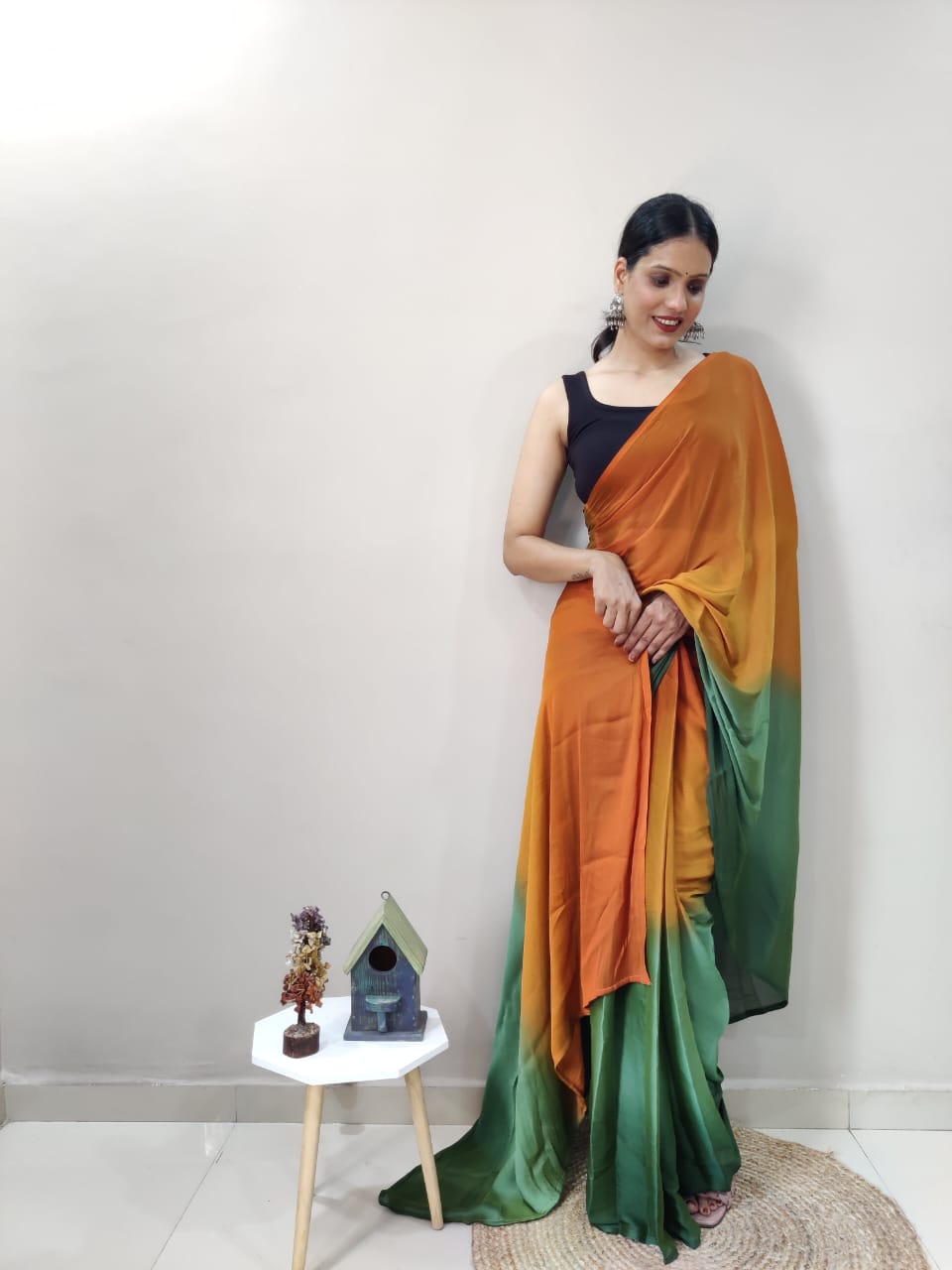 Stylish Mustard With Green Shade Ready To Wear Saree