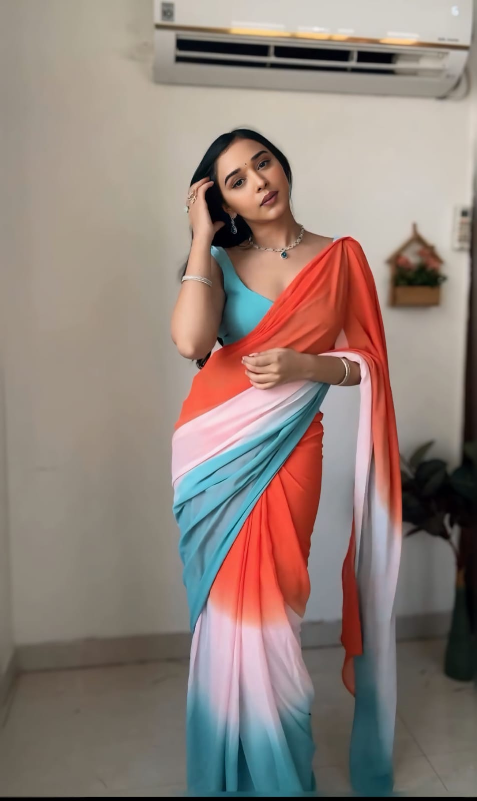 Exclusive Ready To Wear Orange With Sky Saree