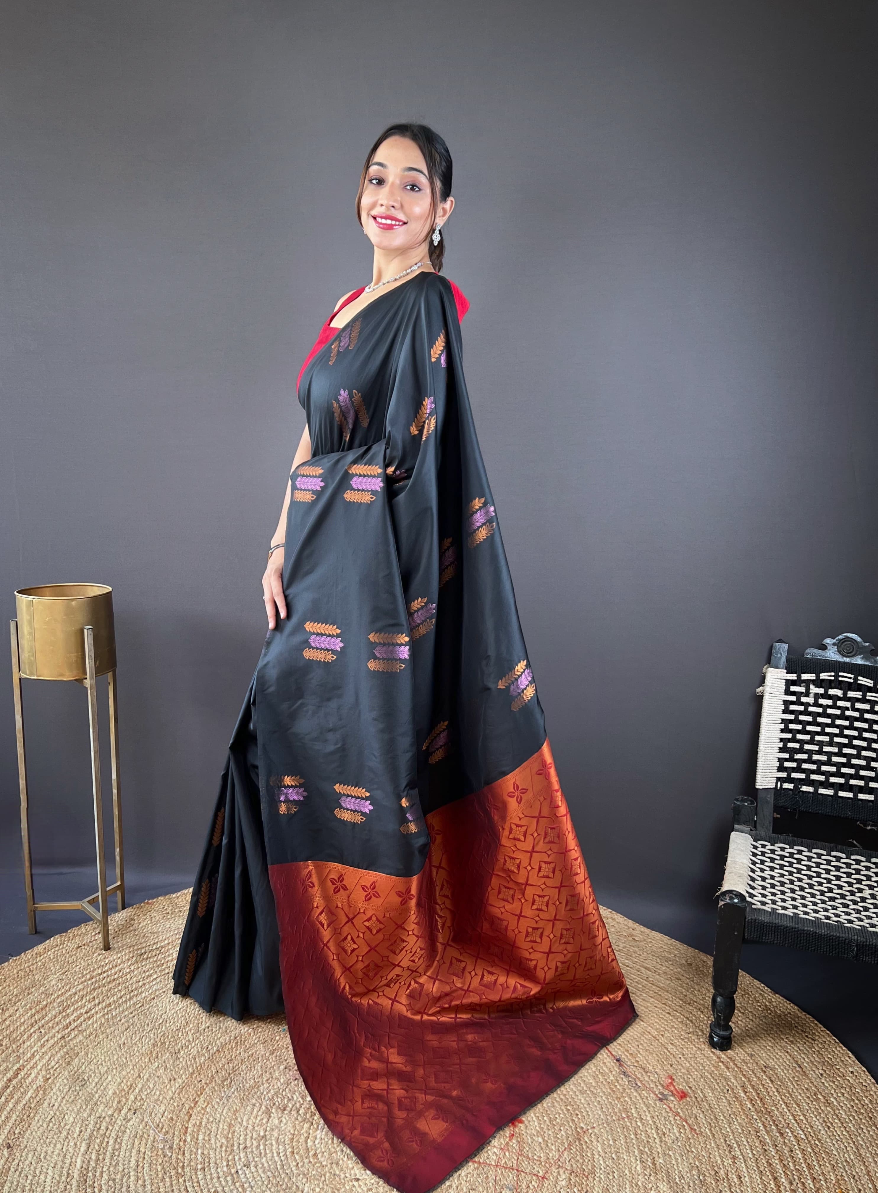 Copper Weaving Border And Pallu Black Color Saree