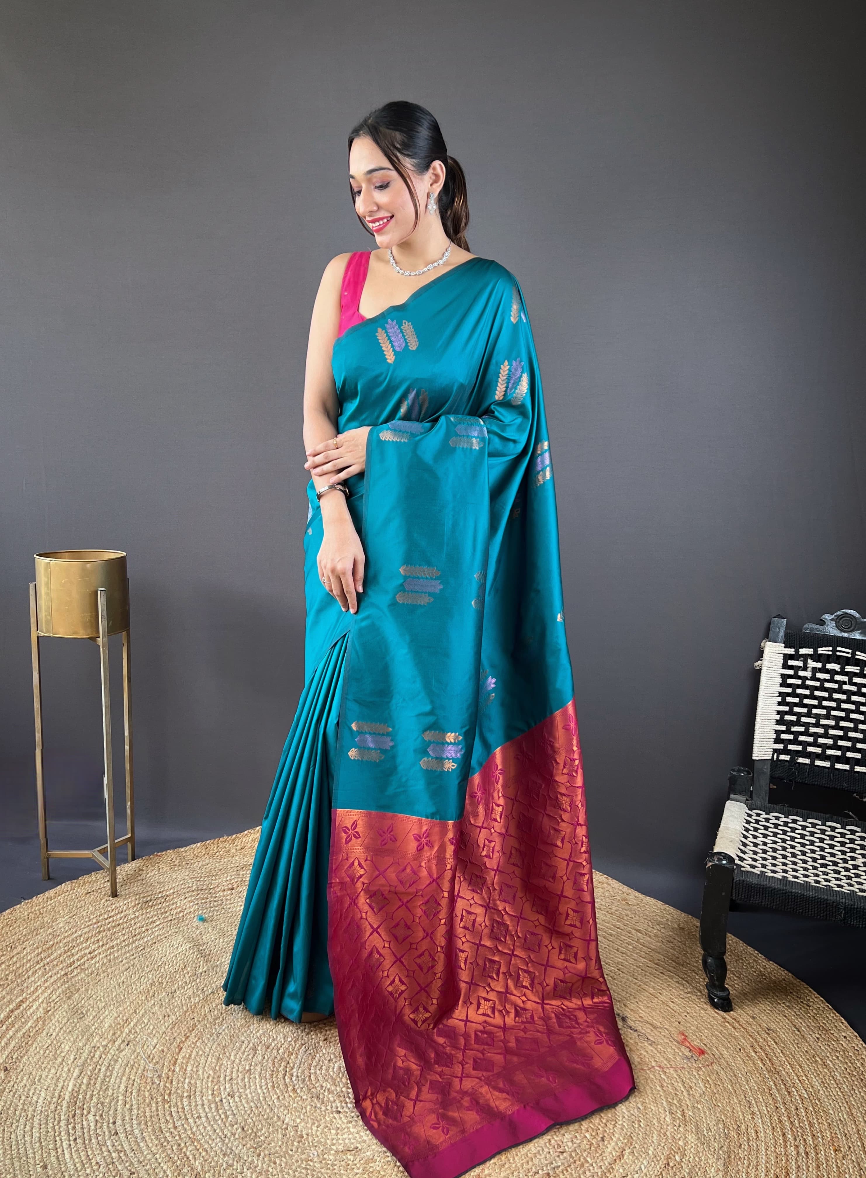 Copper Weaving Border And Pallu Teal Blue Color Saree