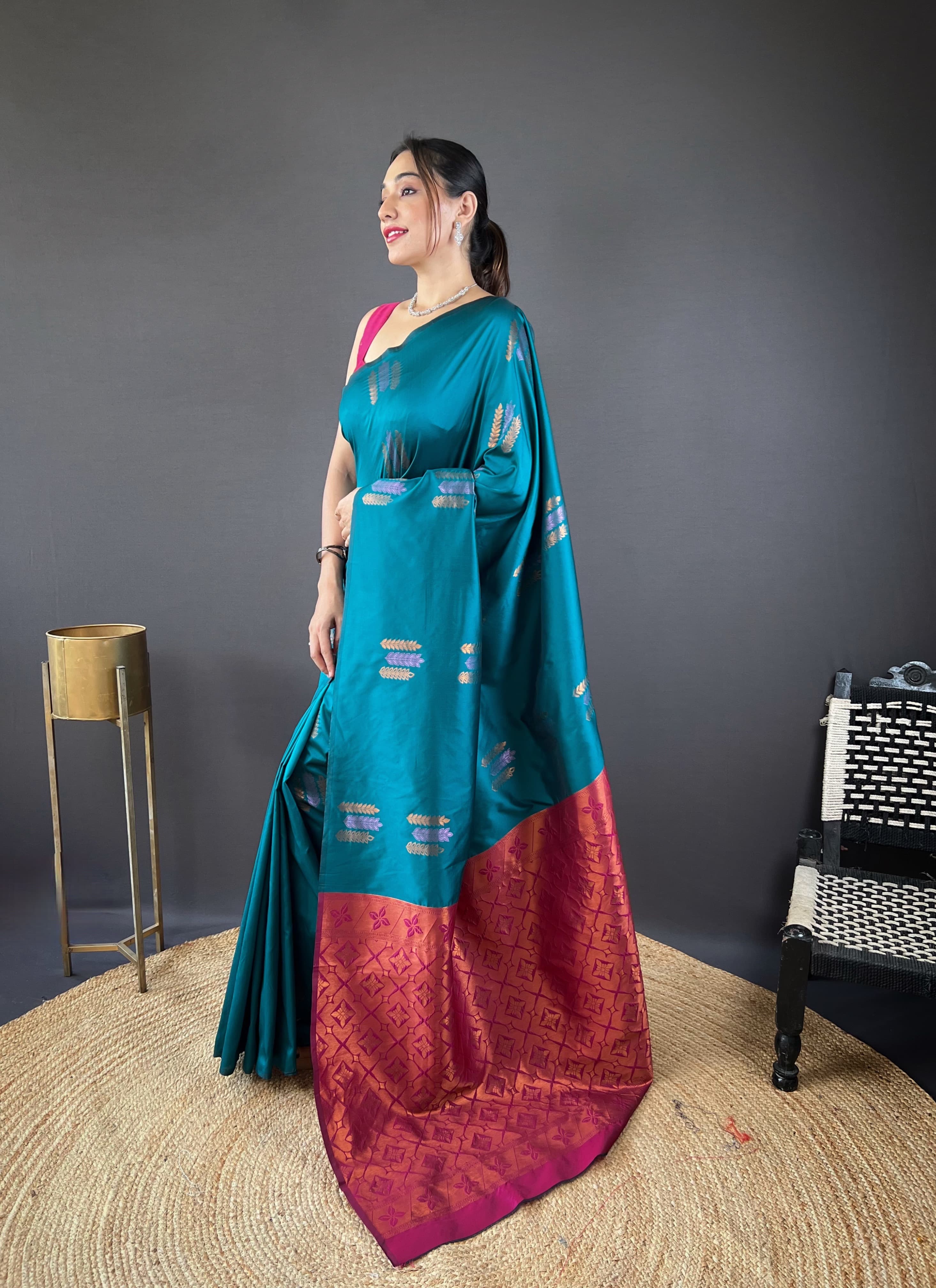 Copper Weaving Border And Pallu Teal Blue Color Saree