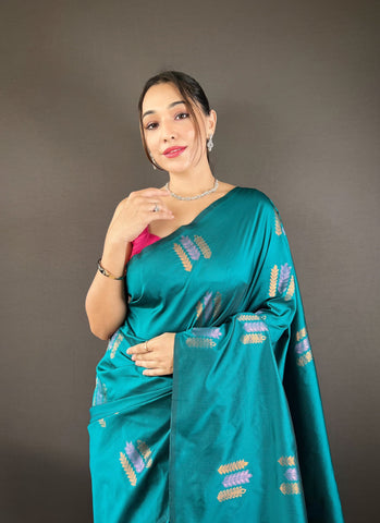 Copper Weaving Border And Pallu Teal Blue Color Saree