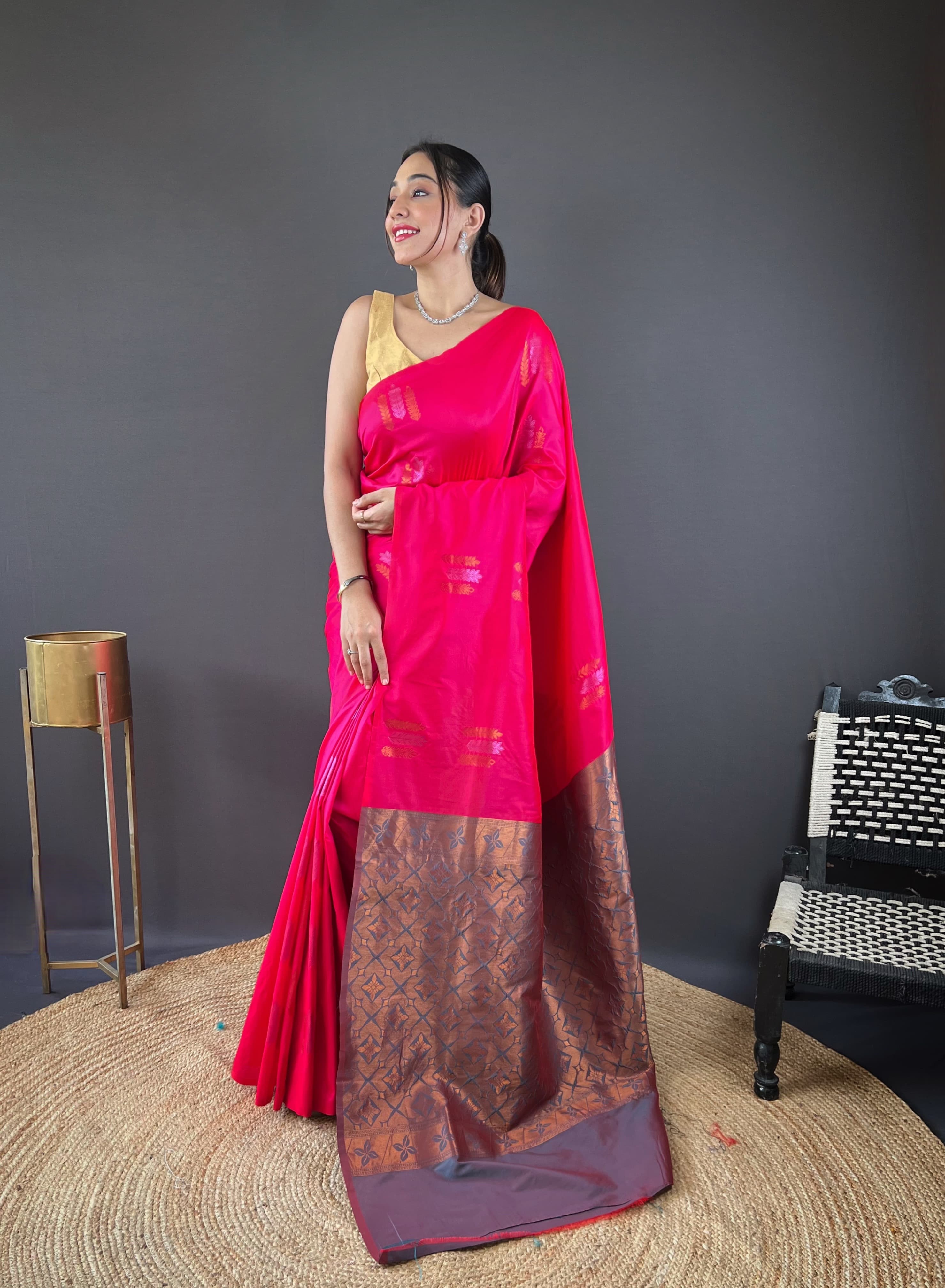 Copper Weaving Border And Pallu Dark Pink Color Saree