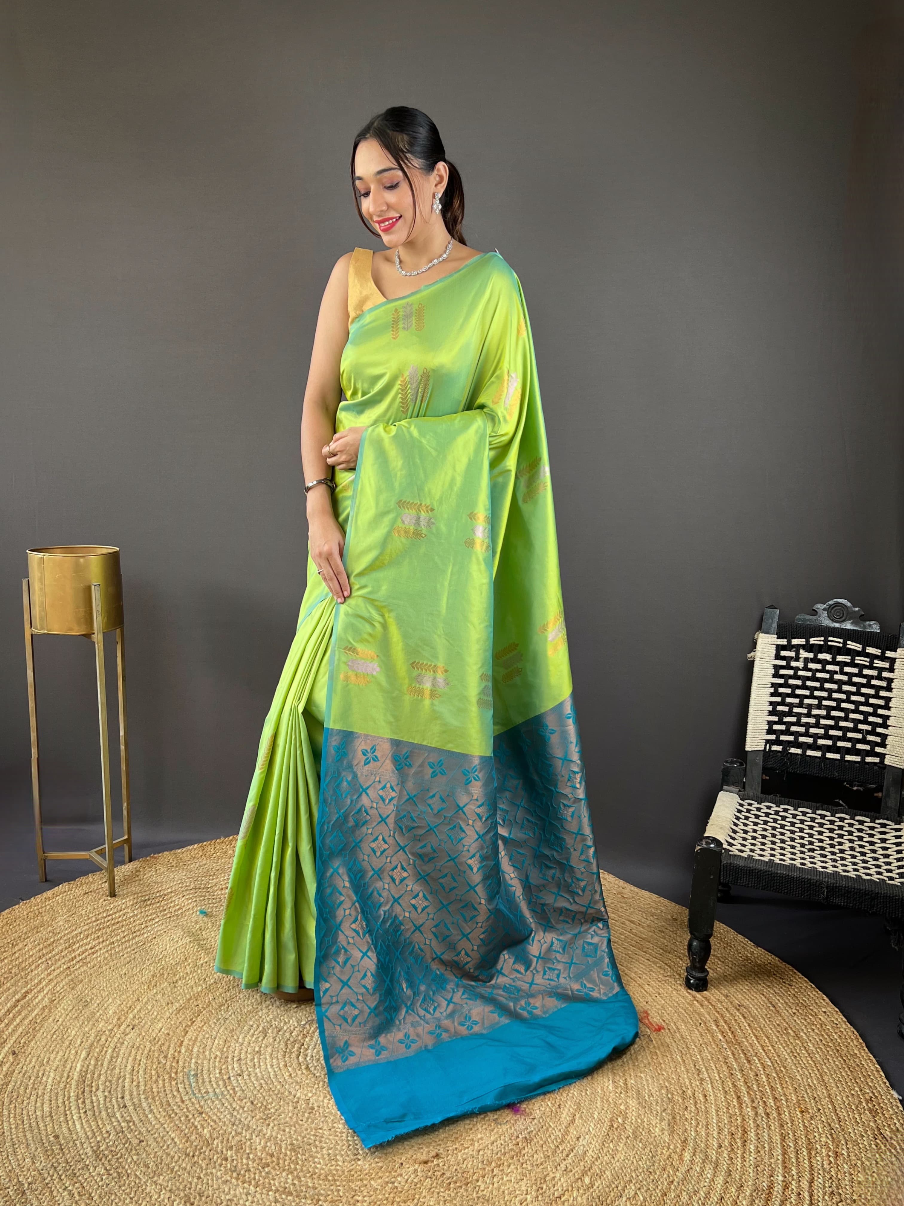 Copper Weaving Border And Pallu Green Color Saree