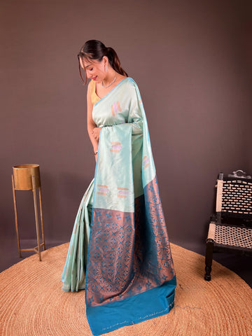 Copper Weaving Border And Pallu Sky Blue Color Saree