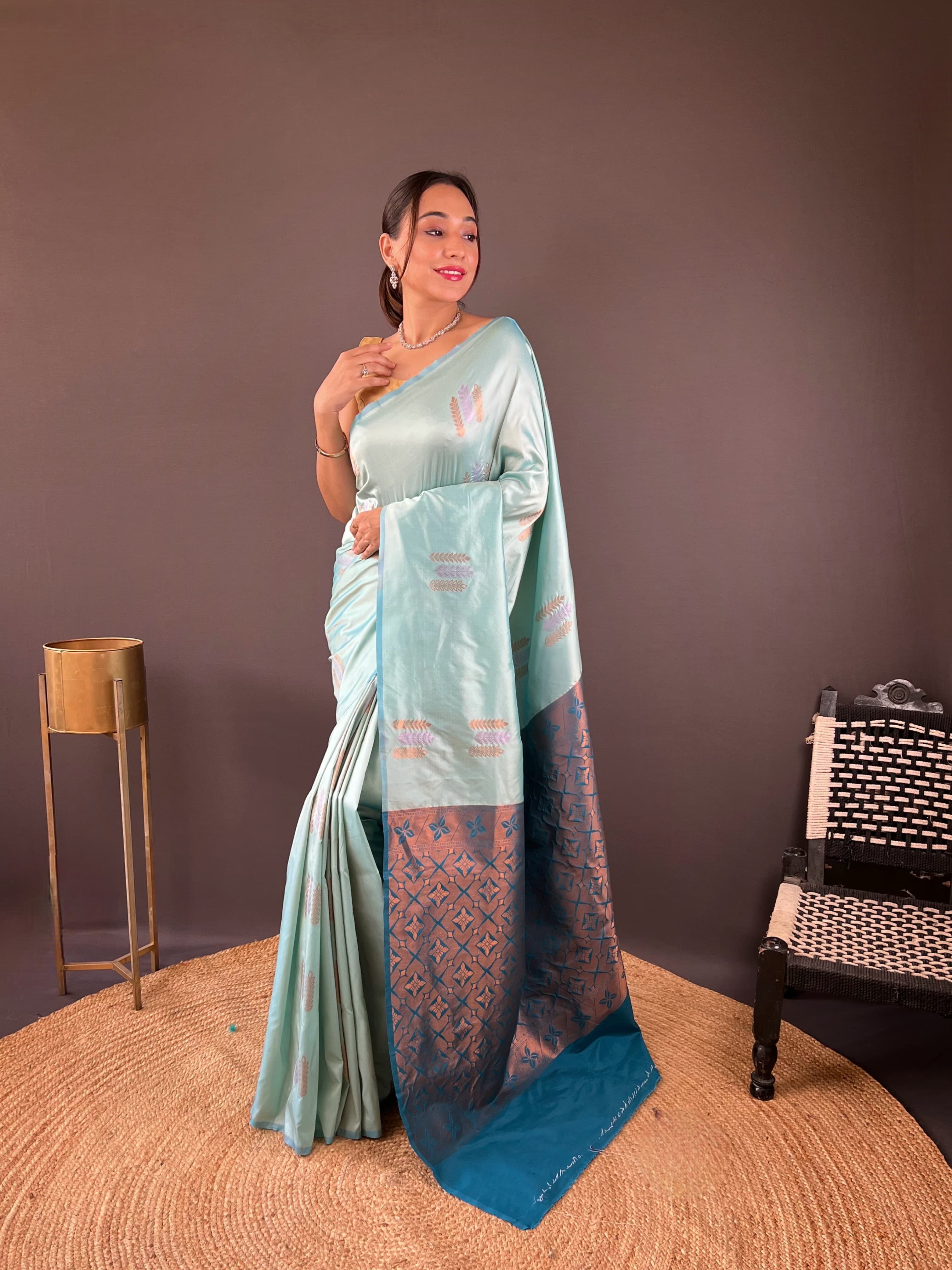 Copper Weaving Border And Pallu Sky Blue Color Saree