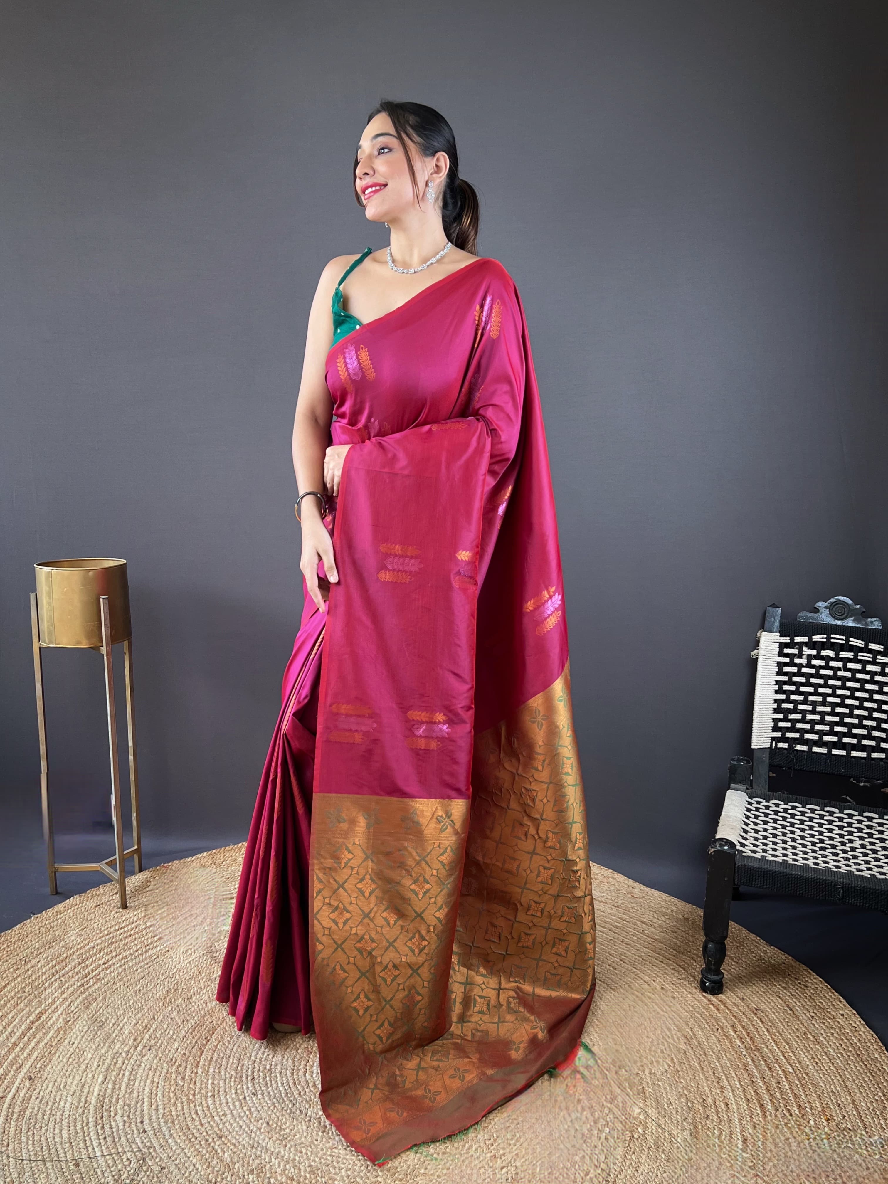 Copper Weaving Border And Pallu Wine Color Saree