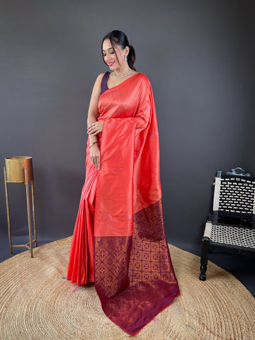 Copper Weaving Border And Pallu Red Color Saree