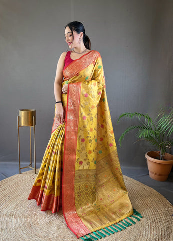 Captivating Yellow Color Organza Tissue Silk Saree