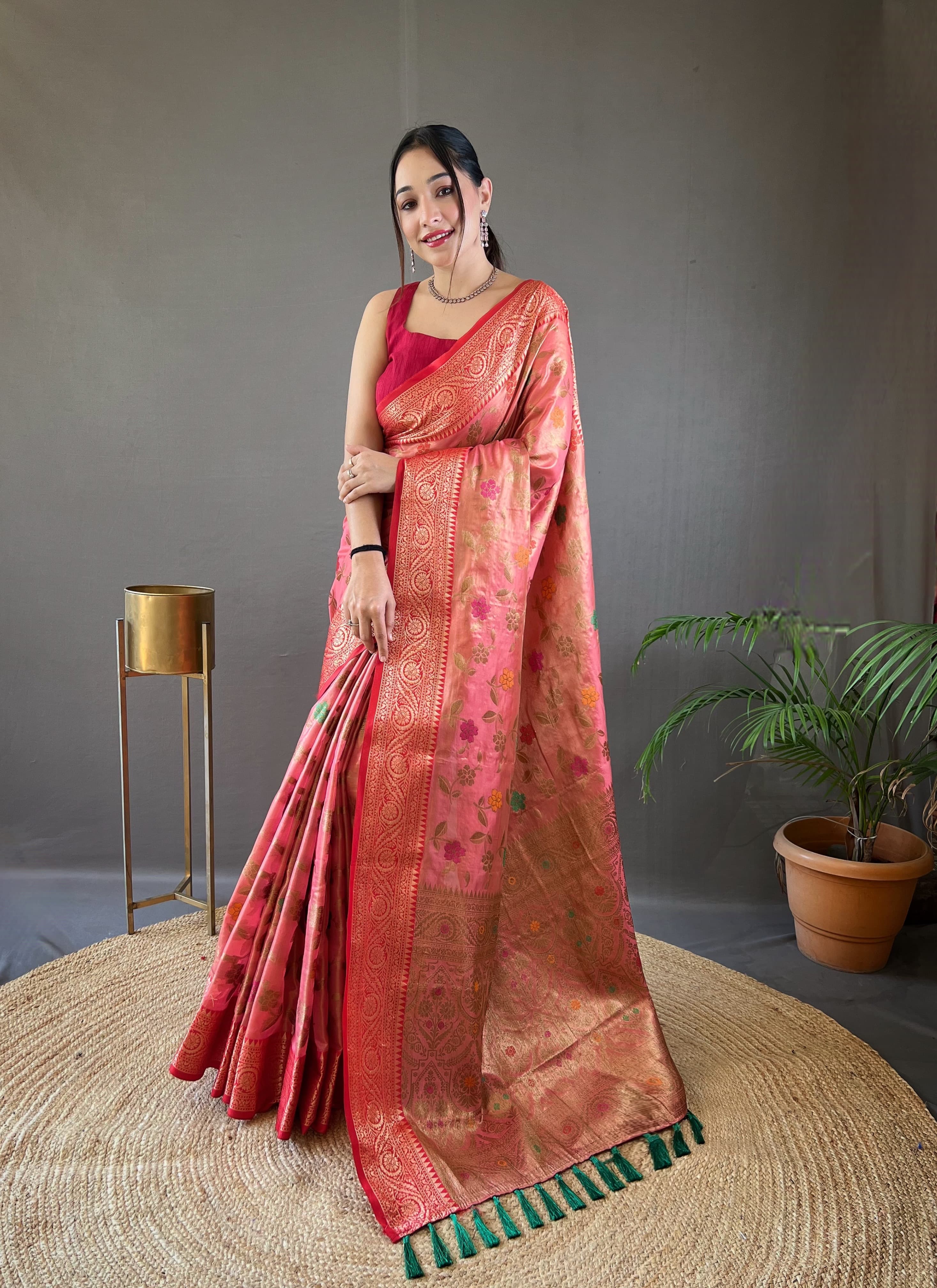 Captivating Pink Color Organza Tissue Silk Saree