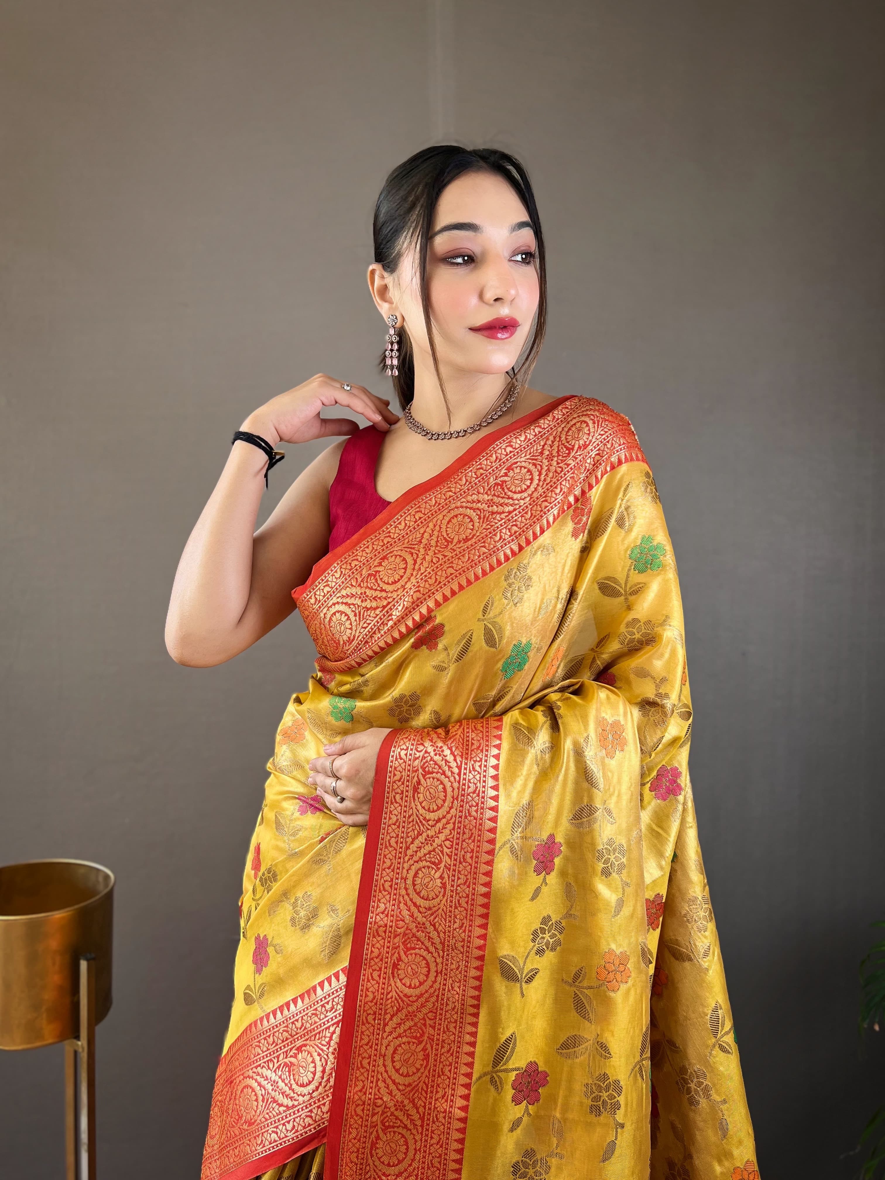 Captivating Yellow Color Organza Tissue Silk Saree