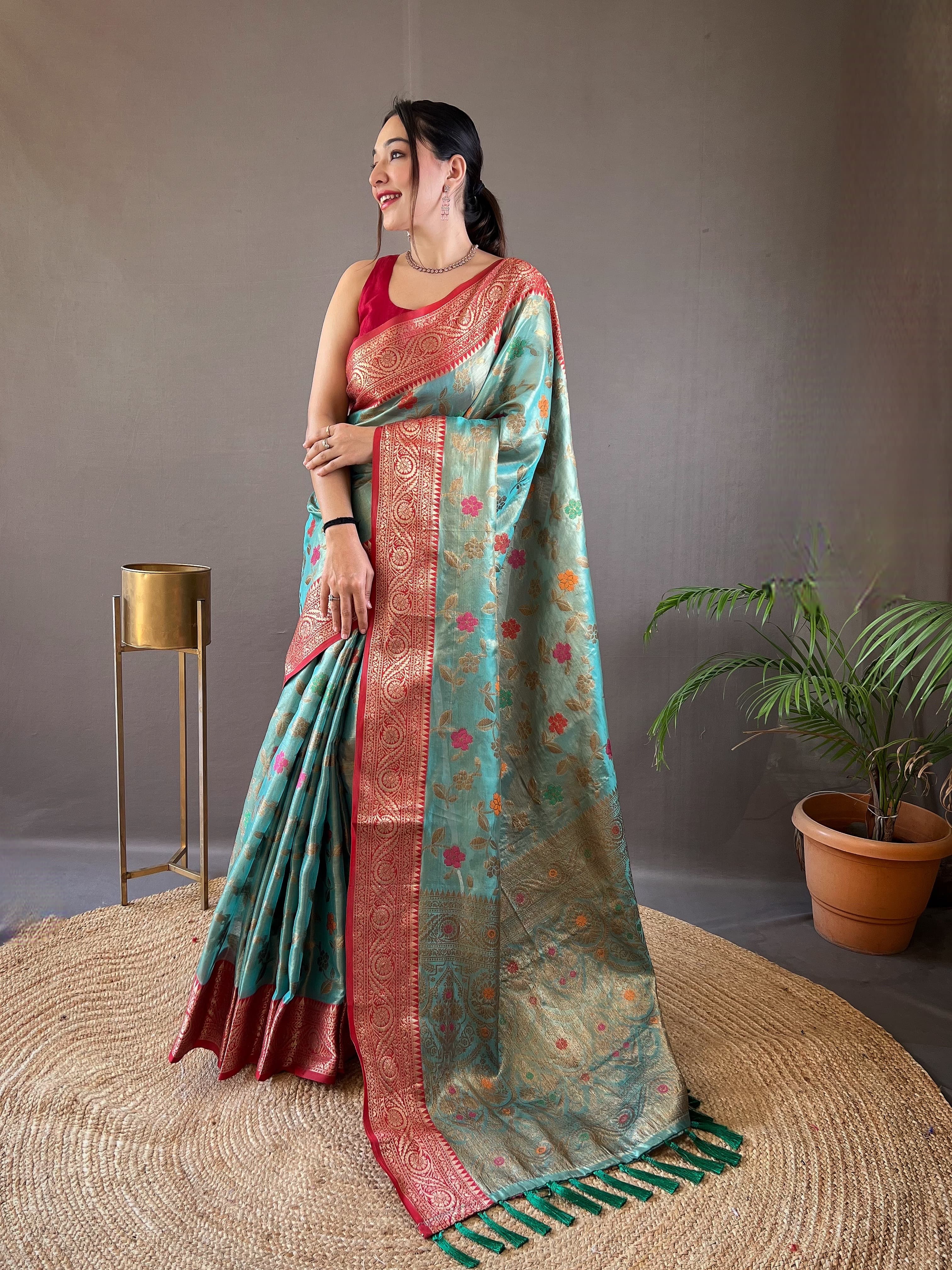 Captivating Sky Blue Color Organza Tissue Silk Saree