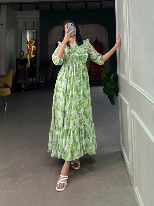 Party Wear Green Floral Print Georgette Gown