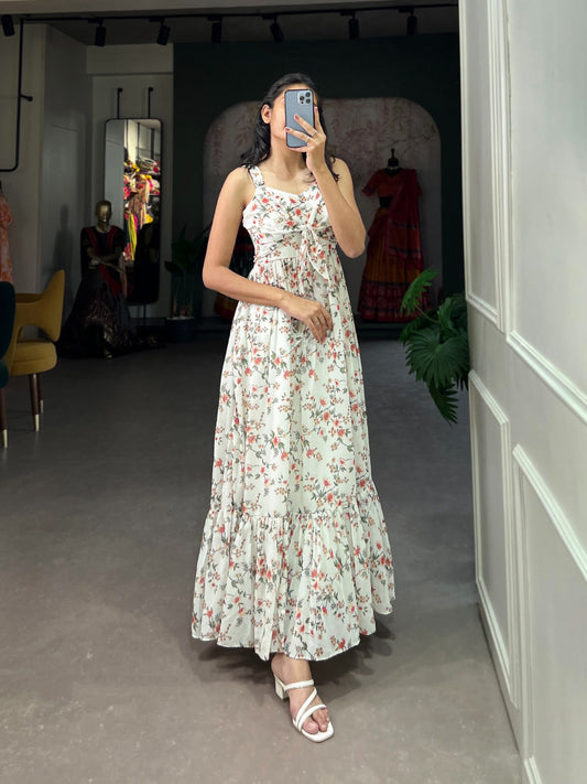 Party Wear White Floral Print Georgette Gown