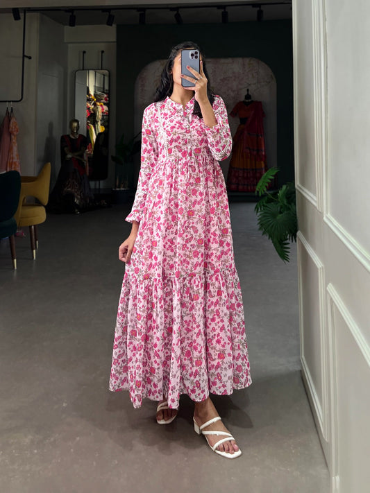 Party Wear Light Pink Floral Print Georgette Gown