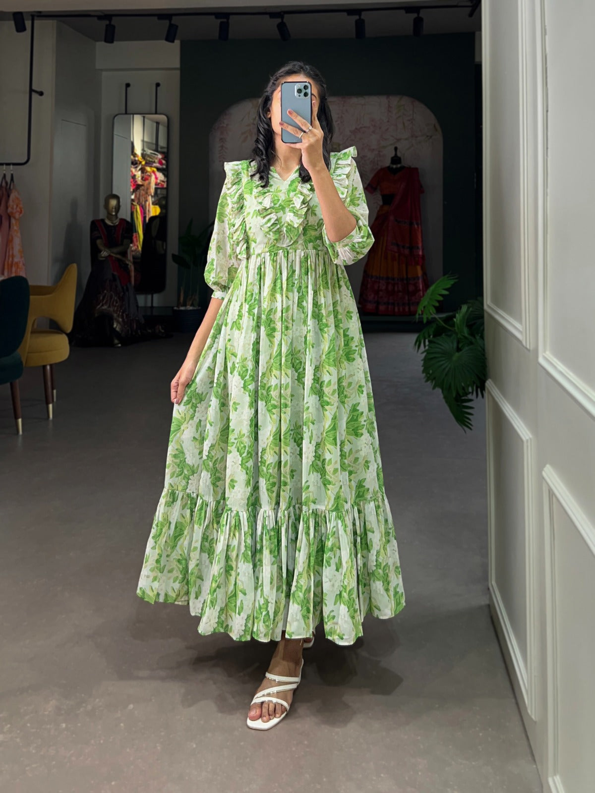 Party Wear Green Floral Print Georgette Gown