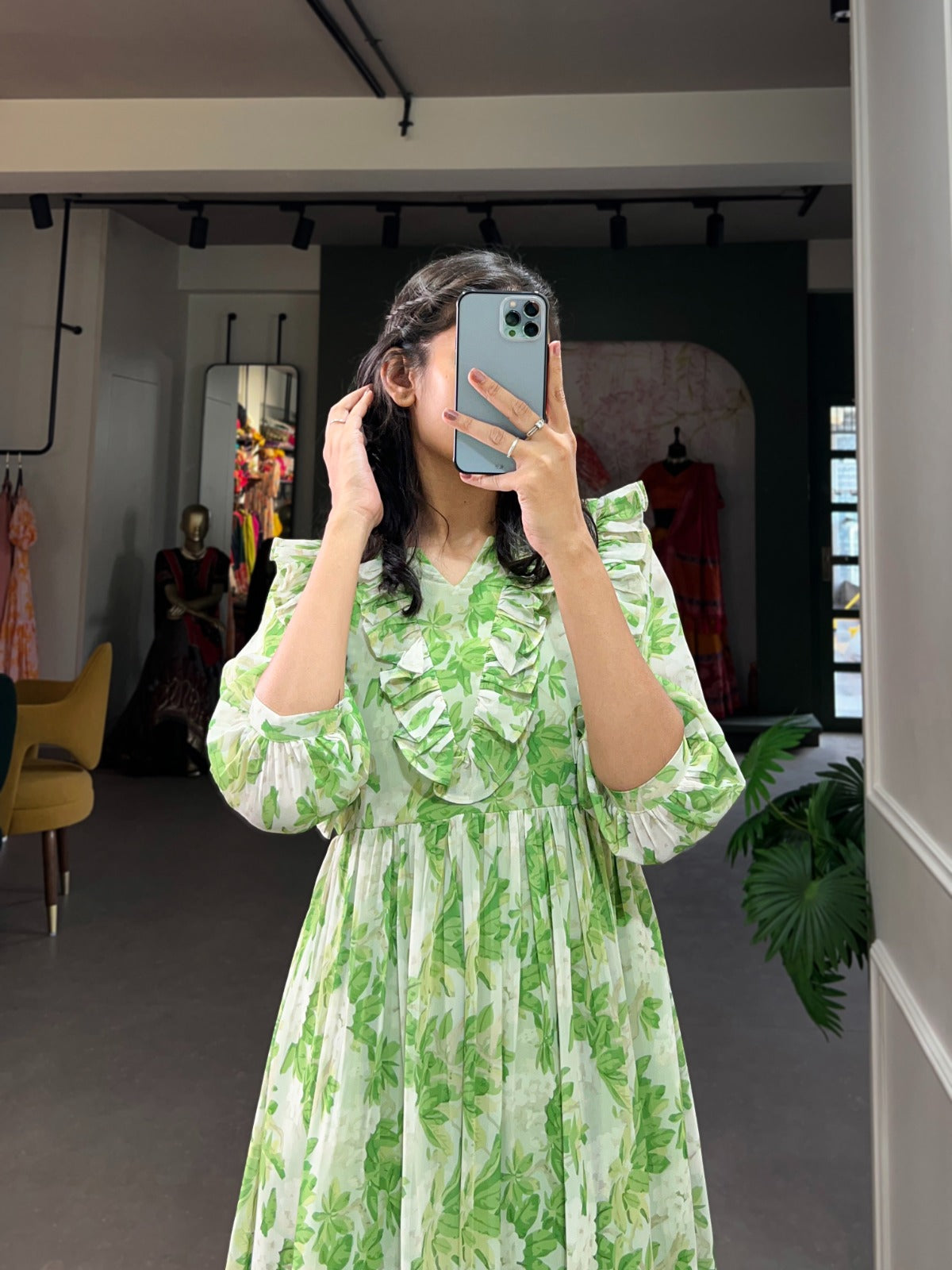 Party Wear Green Floral Print Georgette Gown