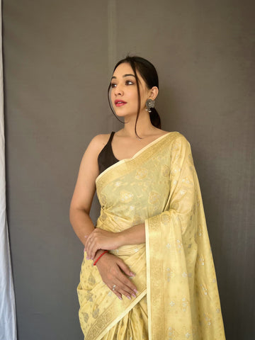 Soft Silk Gold And Silver Design Yellow Saree