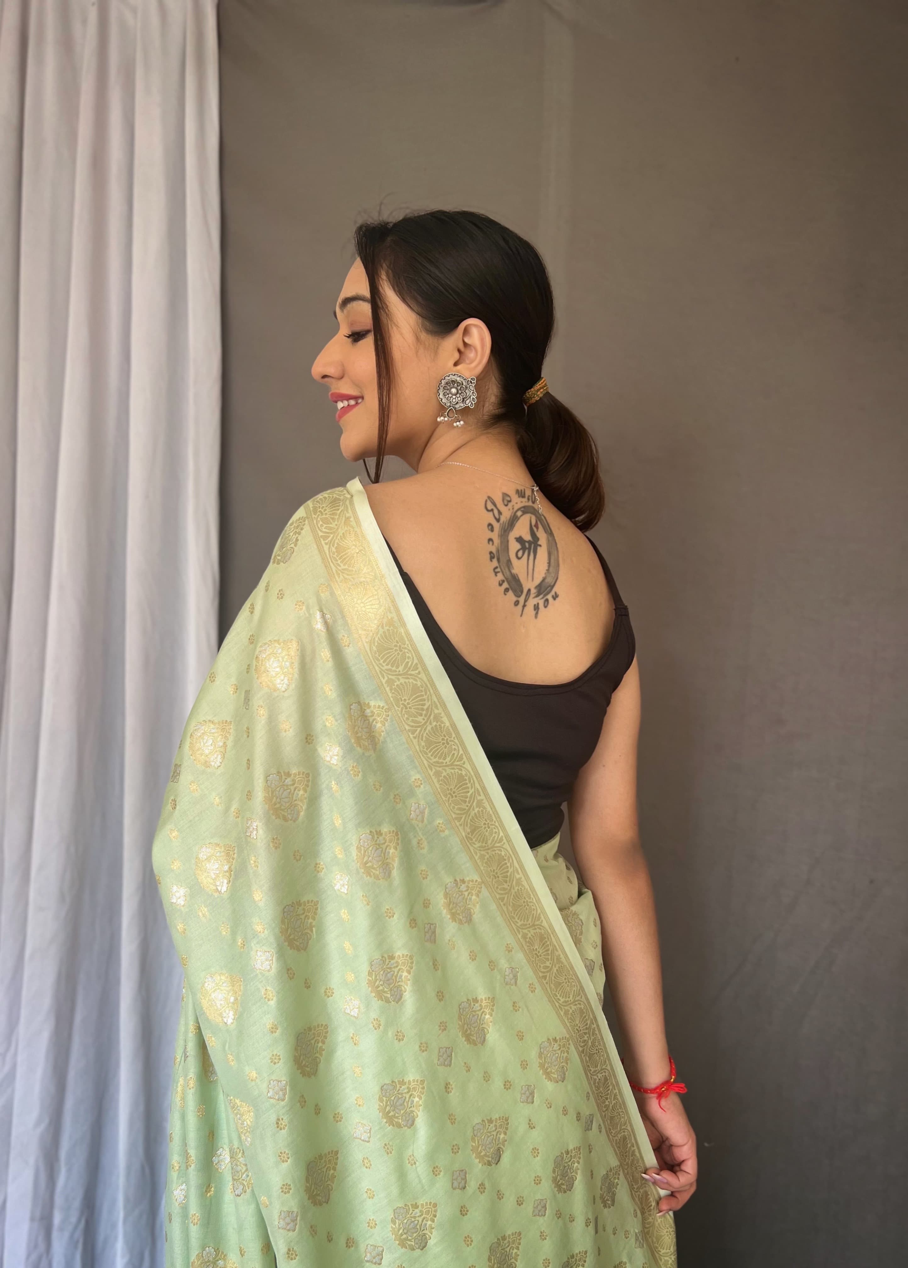 Soft Silk Gold And Silver Design Pista Green Saree