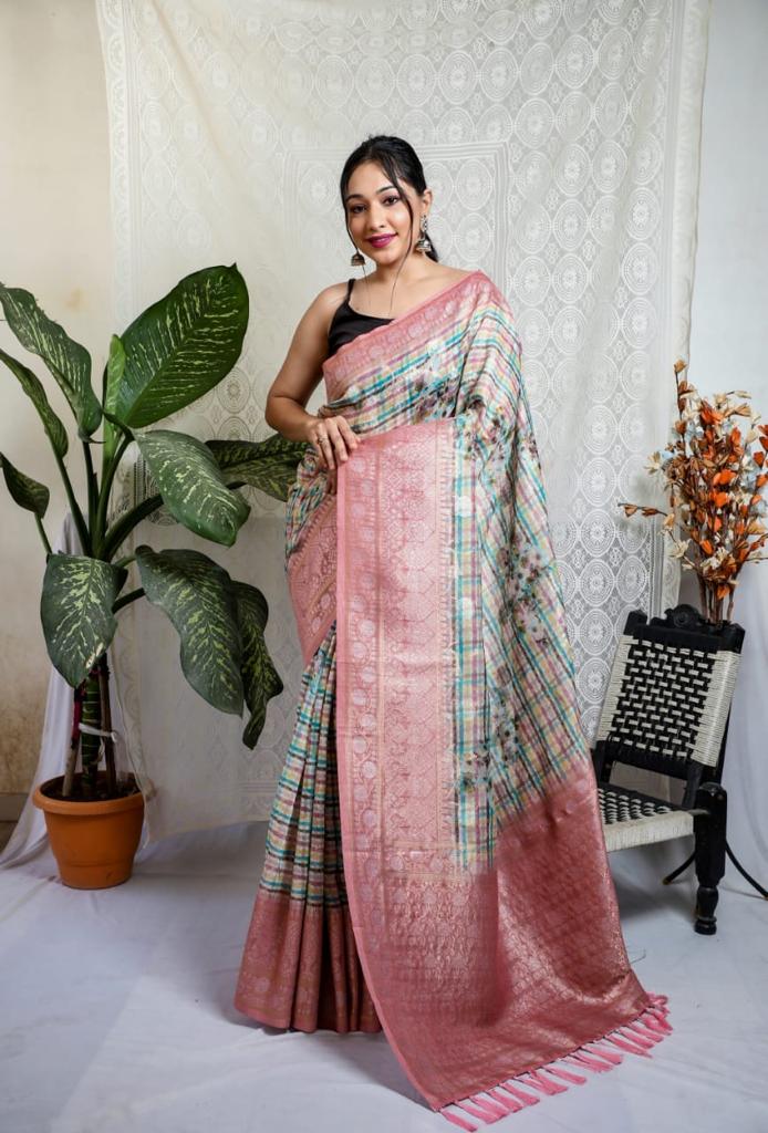 Rich Pallu Multi Print Pink Border Silk Saree