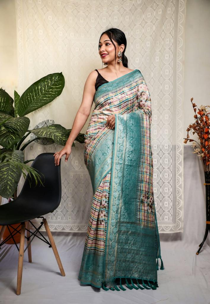 Rich Pallu Multi Print Sky Blue Border Silk Saree