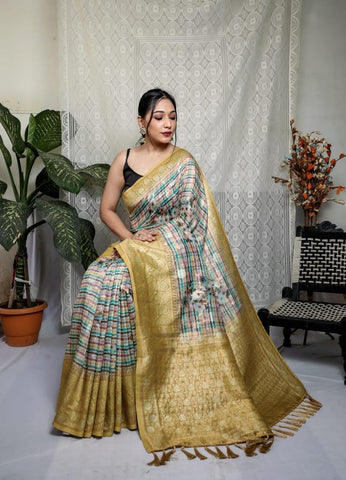 Rich Pallu Multi Print Mustard Border Silk Saree