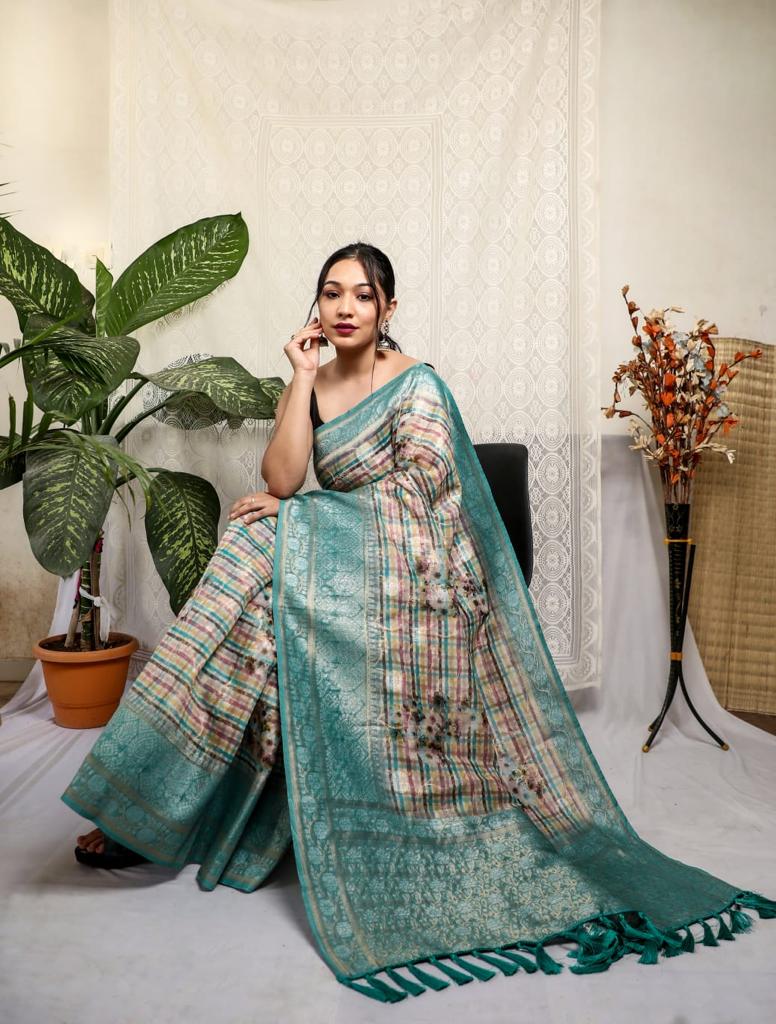 Rich Pallu Multi Print Sky Blue Border Silk Saree