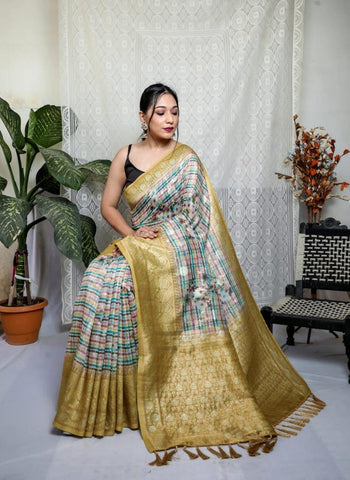 Rich Pallu Multi Print Mustard Border Silk Saree