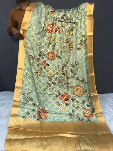 Wedding Wear Light Green Color Multi Digital Flower Print Saree