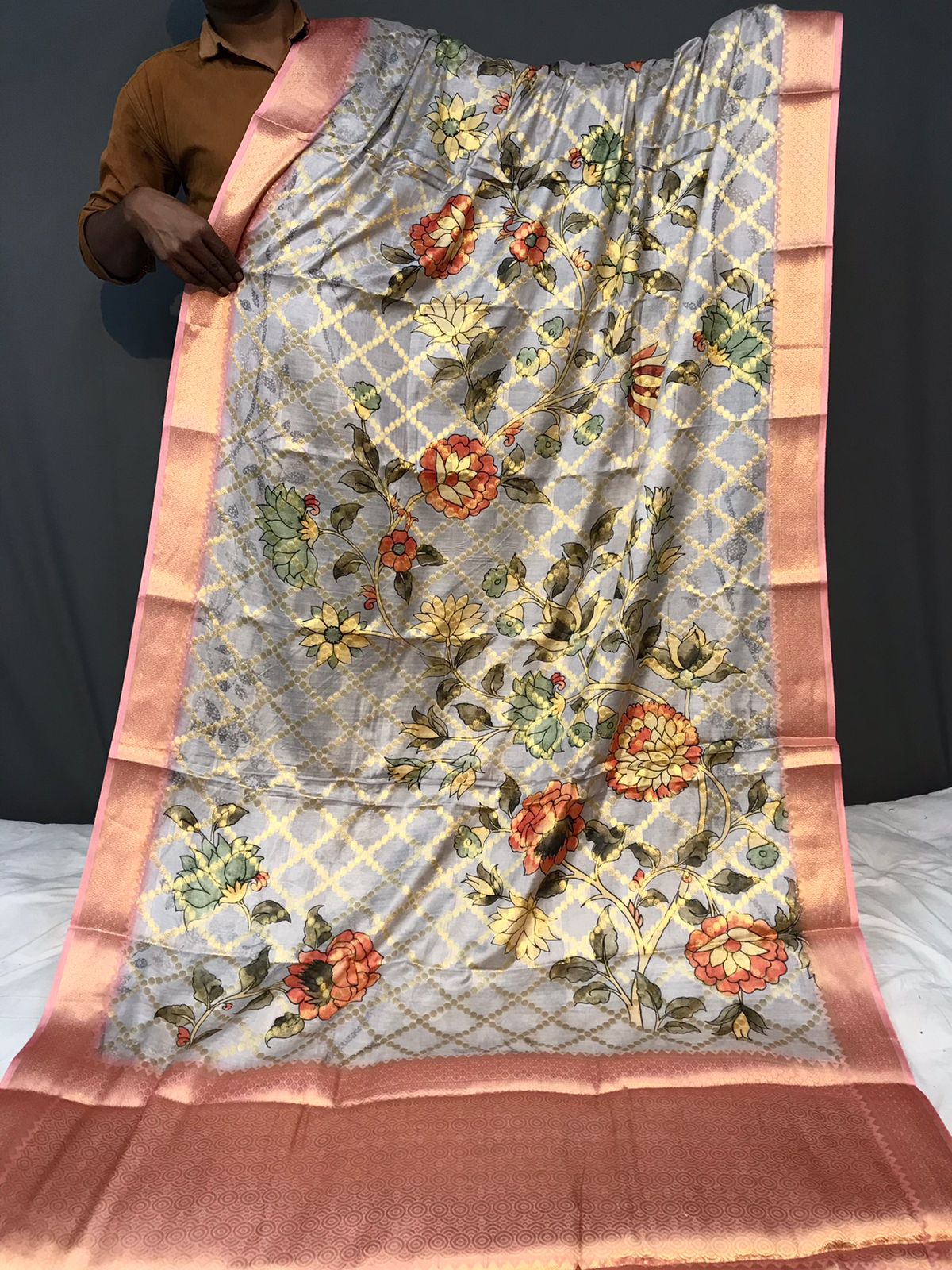 Wedding Wear Grey Color Multi Digital Flower Print Saree