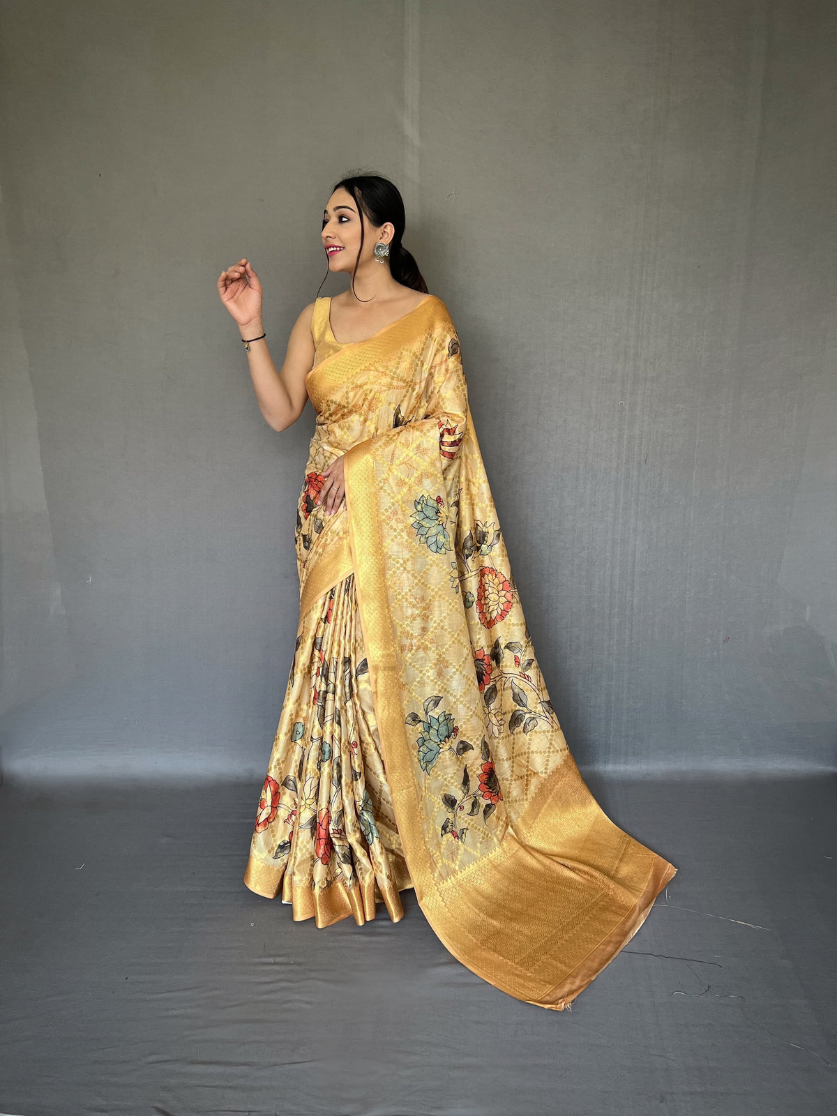 Wedding Wear Mustard Color Multi Digital Flower Print Saree