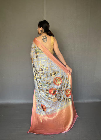 Wedding Wear Grey Color Multi Digital Flower Print Saree