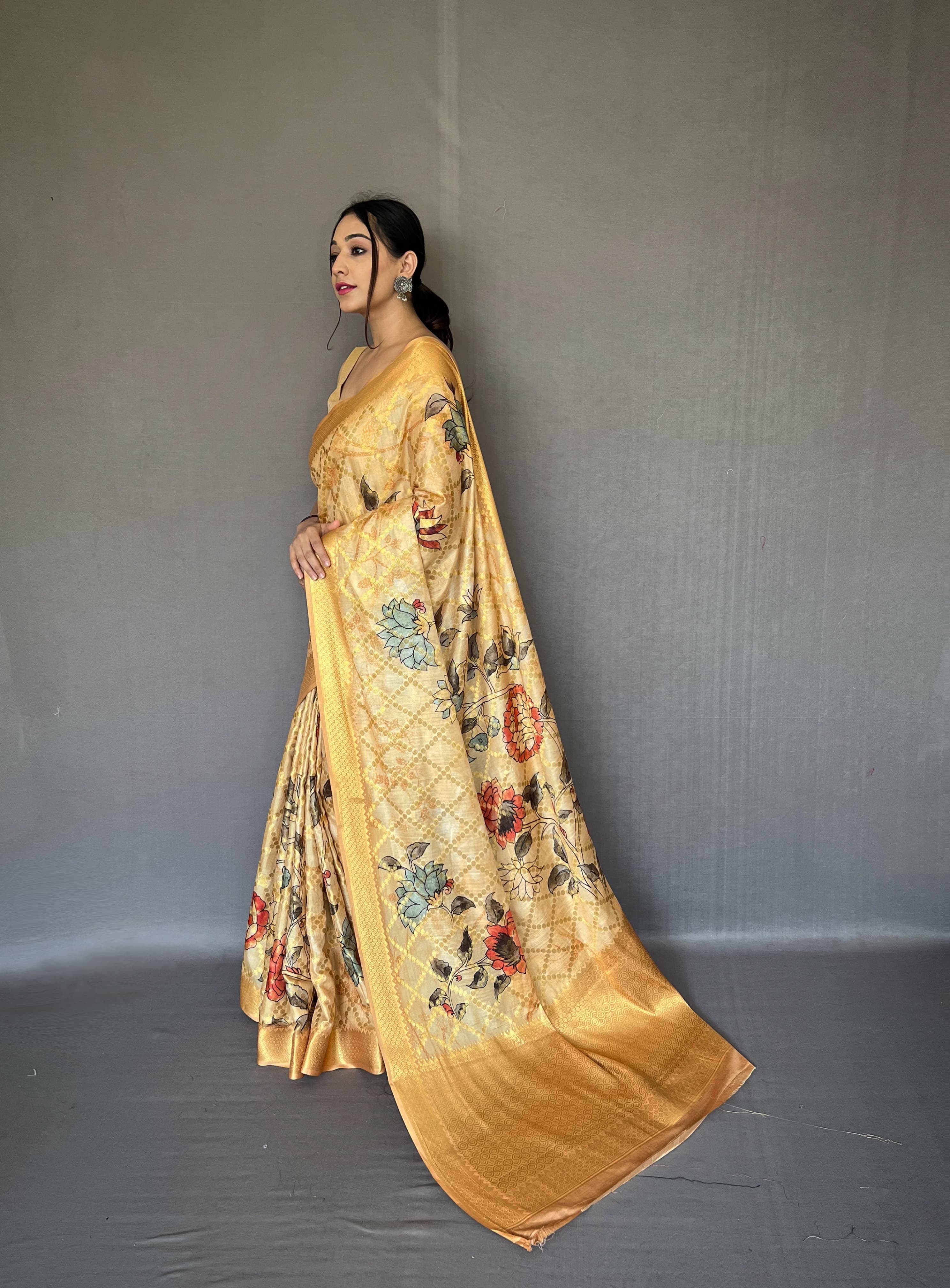 Wedding Wear Mustard Color Multi Digital Flower Print Saree