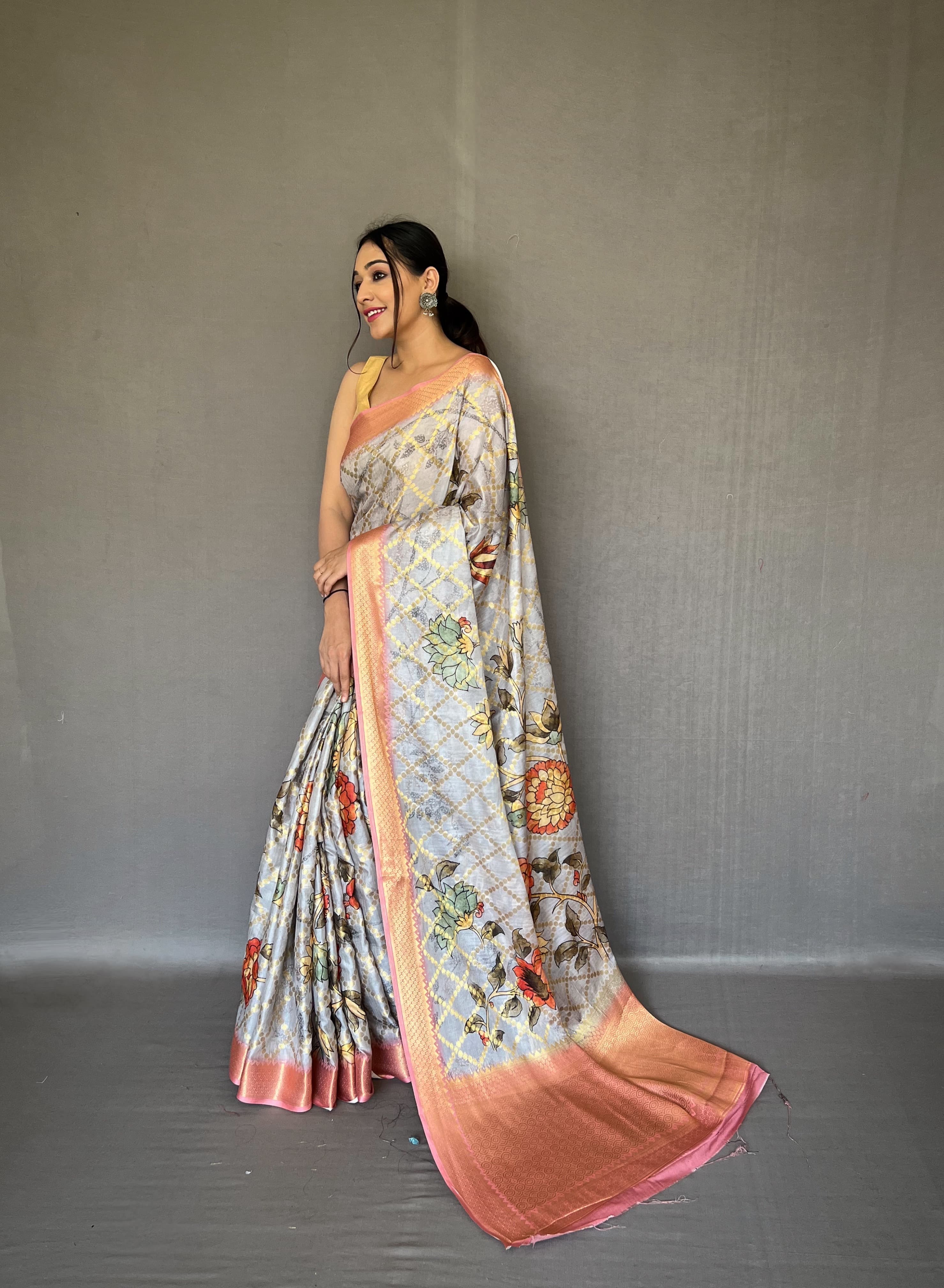 Wedding Wear Grey Color Multi Digital Flower Print Saree