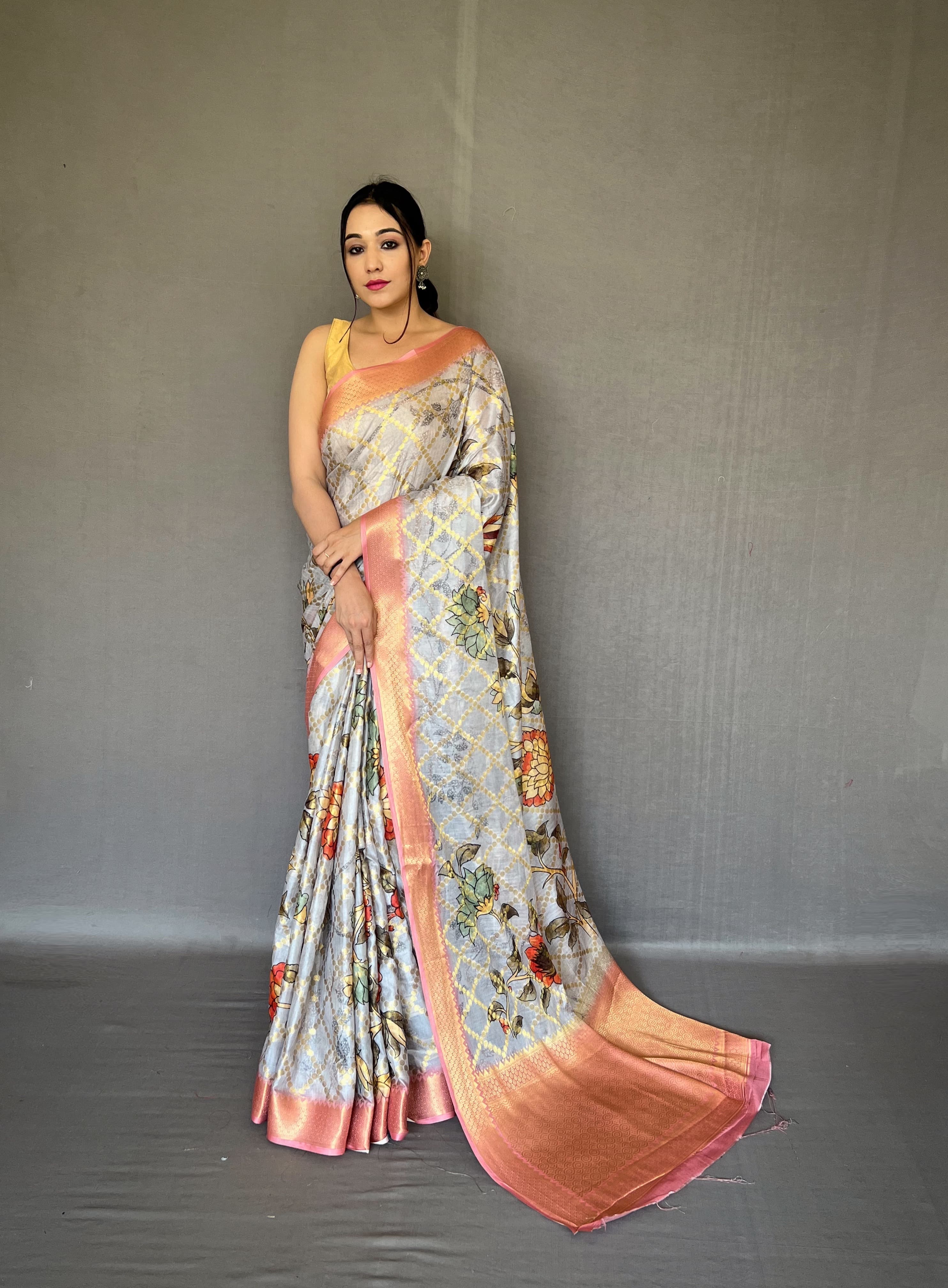 Wedding Wear Grey Color Multi Digital Flower Print Saree