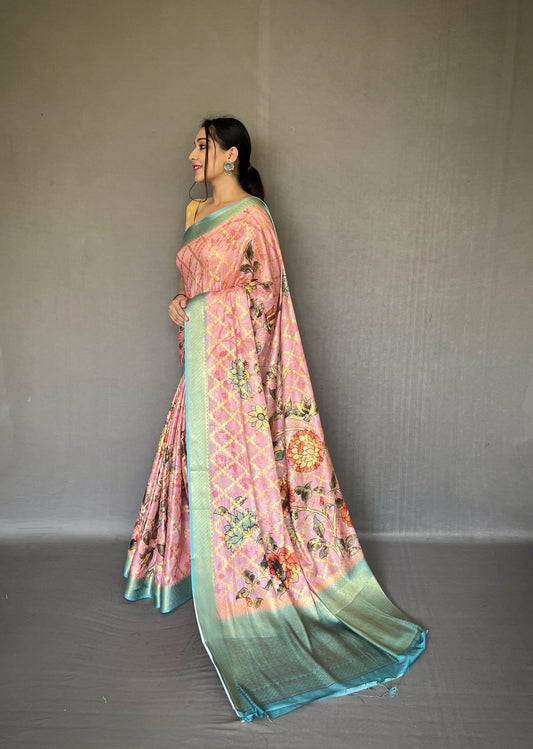 Wedding Wear Pink Color Multi Digital Flower Print Saree