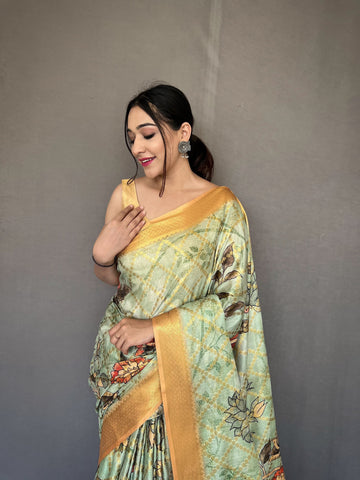 Wedding Wear Light Green Color Multi Digital Flower Print Saree