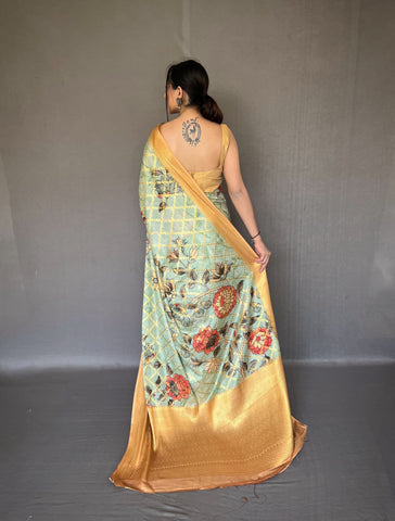 Wedding Wear Light Green Color Multi Digital Flower Print Saree