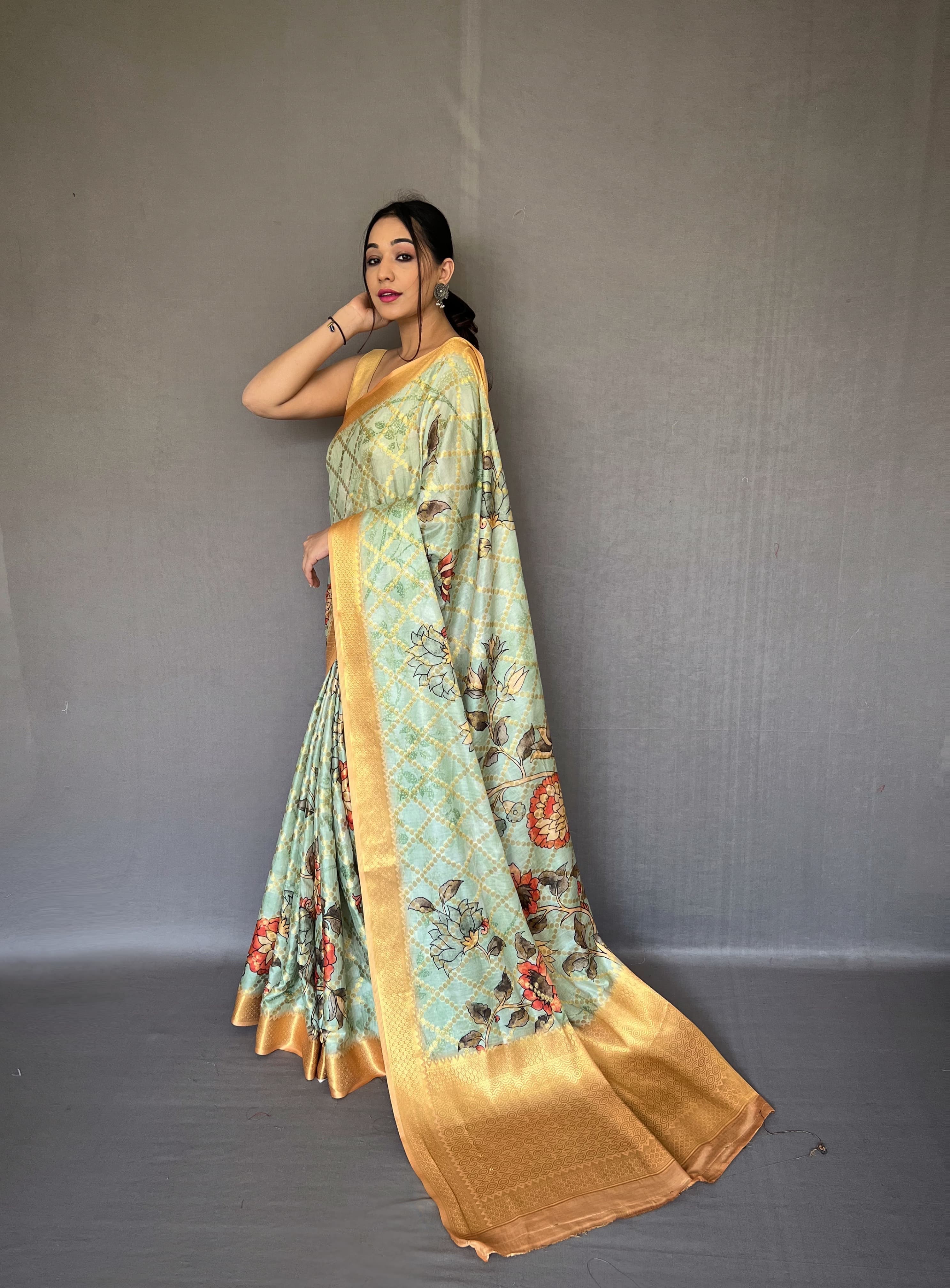 Wedding Wear Light Green Color Multi Digital Flower Print Saree