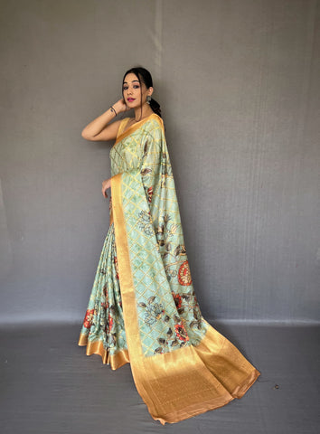 Wedding Wear Light Green Color Multi Digital Flower Print Saree