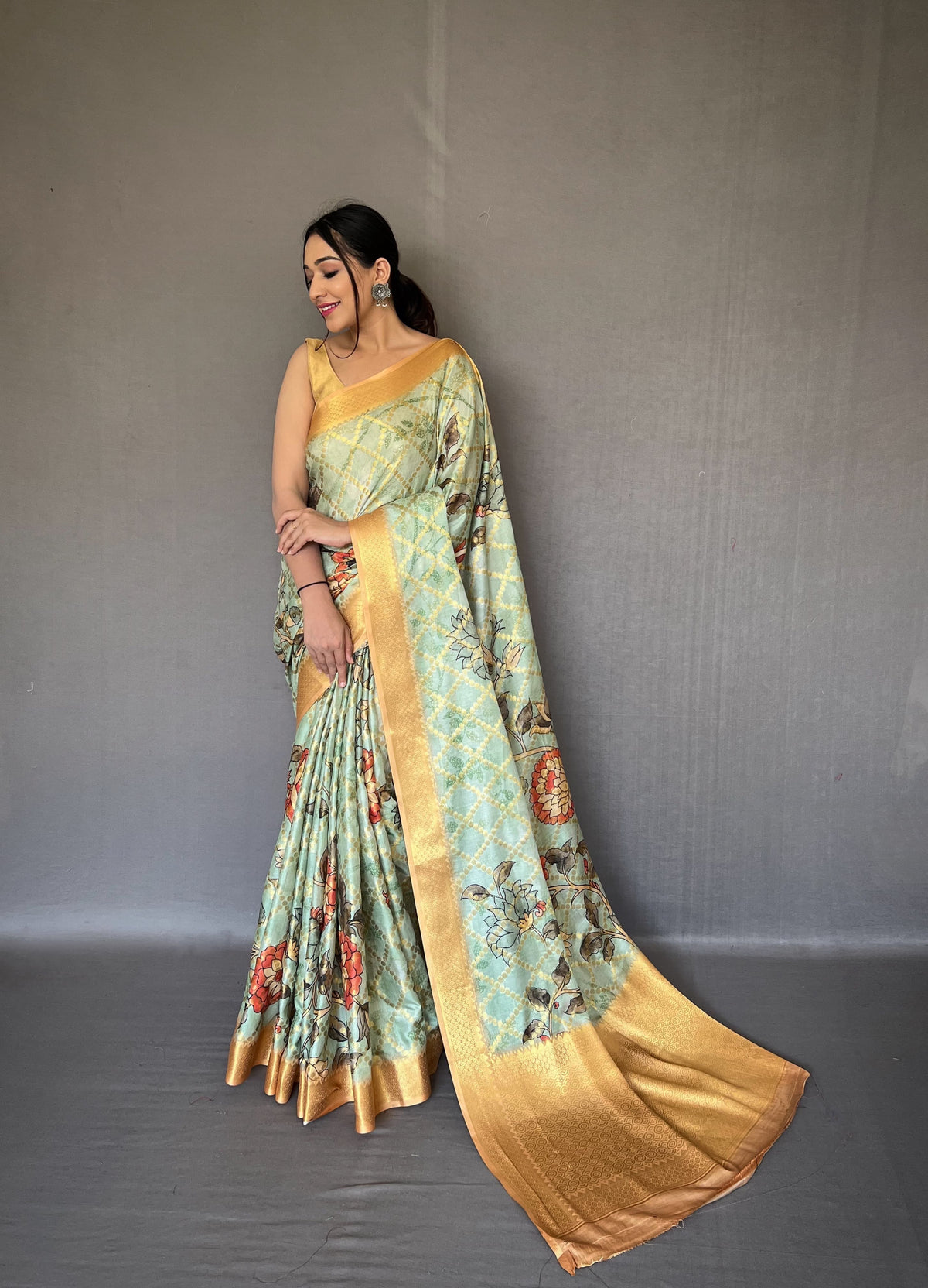 Wedding Wear Light Green Color Multi Digital Flower Print Saree