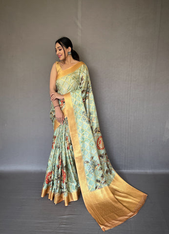 Wedding Wear Light Green Color Multi Digital Flower Print Saree